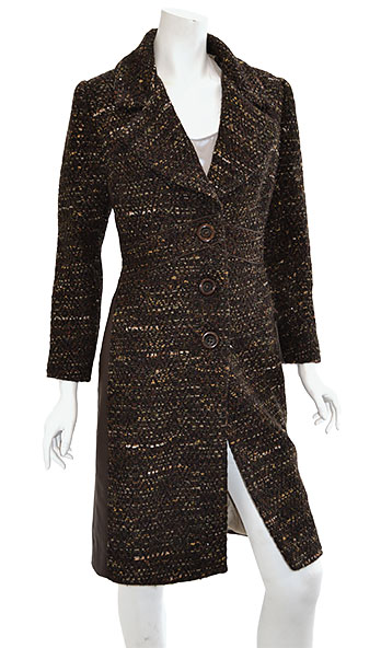 Wool Tweed Coat with Leather Side Details